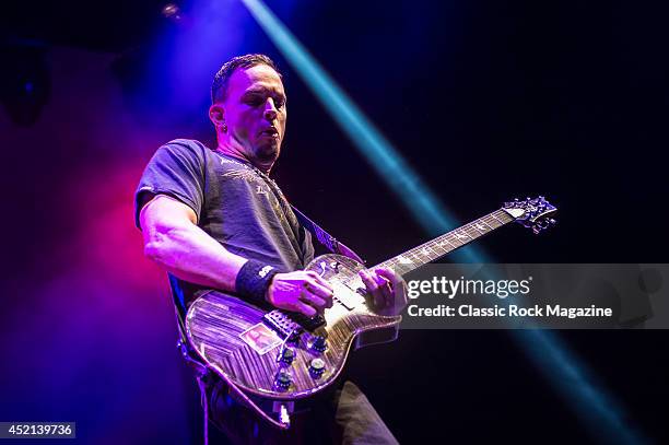 Guitarist Mark Tremonti of American rock group Alter Bridge performing live on stage at Wembley Arena in London, on October 18, 2013.