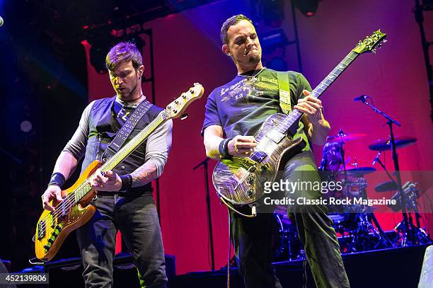 Guitarist Mark Tremonti and bassist Brian Marshall of American rock group Alter Bridge performing live on stage at Wembley Arena in London, on...