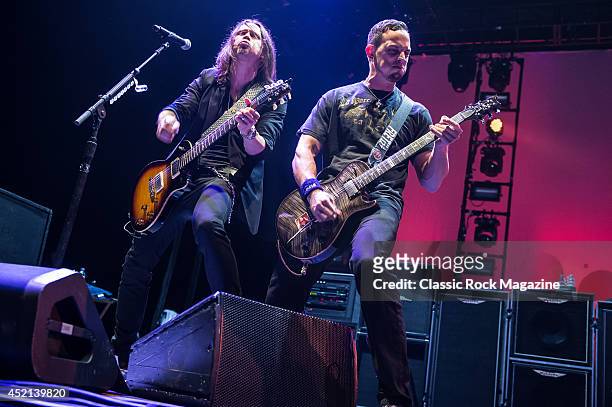 Guitarists Myles Kennedy and Mark Tremonti of American rock group Alter Bridge performing live on stage at Wembley Arena in London, on October 18,...