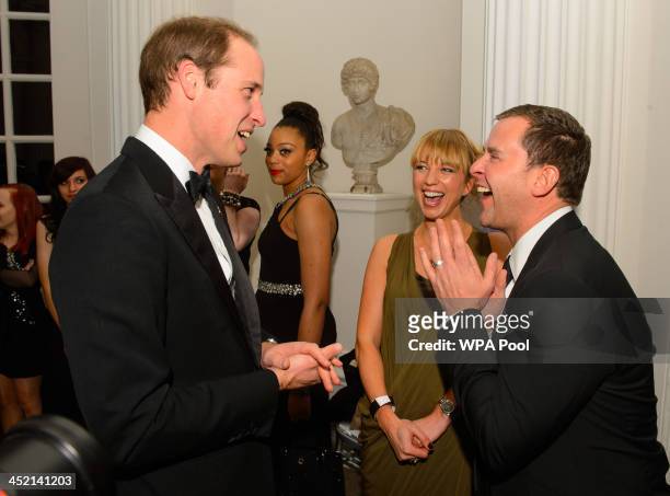 Prince William, Duke of Cambridge speaks to Centrepoint Ambassadors and BBC Radio DJs Sara Cox and Scott Mills at Kensington Palace for the...