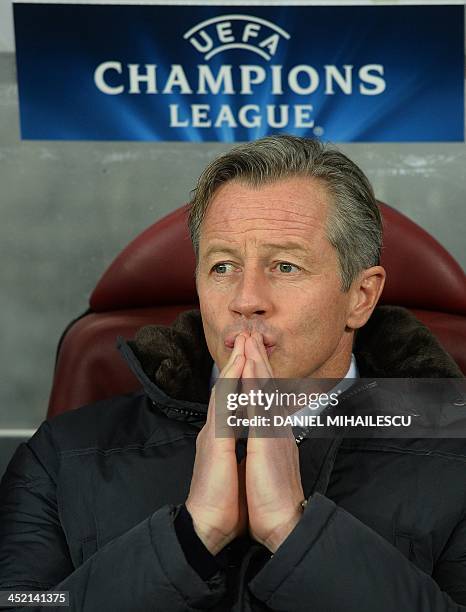 Schalke's head coach Jens Keller is pictured prior to the UEFA Champions League Group E football match FC Steaua Bucharest vs FC Schalke 04 in...