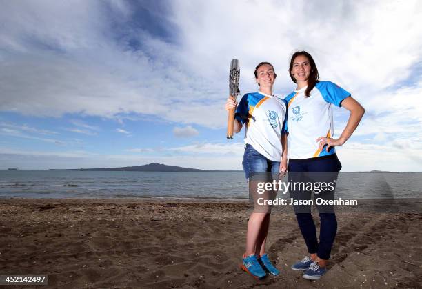 New Zealand Commonwealth Games athletes Nikki Hamblin and Joelle King pose during the arrival of the 2014 Glasgow Commonwealth Games Queen's Baton at...