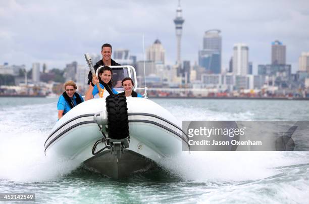 Baton relay manager Joanne Shaw , New Zealand Commonwealth Games athletes Joelle King and Nikki Hamblin and with Chef de Mission Rob Waddell behind...