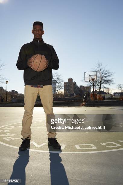 High School Basketball: Portrait of New Rochelle High senior Khalil Edney during photo shoot at Lincoln Park. Edney became a viral video sensation...