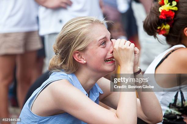 Wencke Trudung, of Germany, sheds tears of joy after Germany's goal against Argentina at the World Cup viewing party at City Hall Plaza on Sunday...