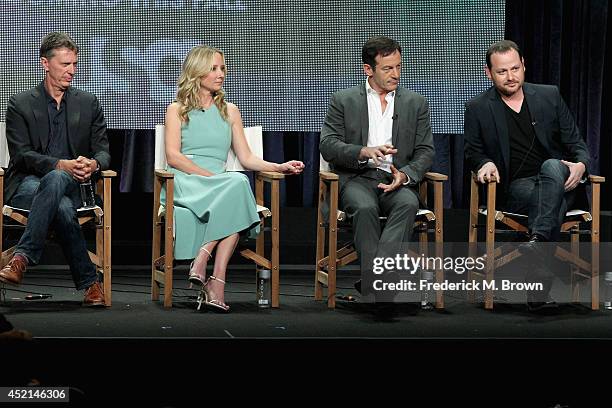 Co-creator/Executive producer Tim Kring, actors Anne Heche, Jason Isaacs and Co-creator/Executive producer Gideon Raff speak onstage at the 'Dig'...