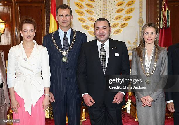 Princess Lalla Salma of Morocco, King Felipe VI of Spain, King Mohammed VI of Morocco and Queen Letizia of Spain pose for a photo in the Royal Palace...