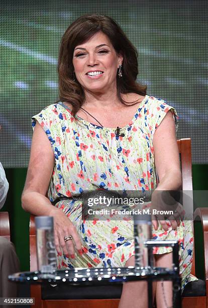 On-air talent Michele Tafoya speaks onstage at the 'Sunday Night Football' panel during the NBCUniversal NBC Sports portion of the 2014 Summer...