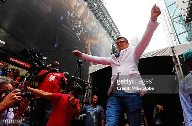 Marcos Maidana is introduced prior to the start of a news conference at the Pedestrian Walk in Times Square on July 14, 2014 in New York City. Floyd...