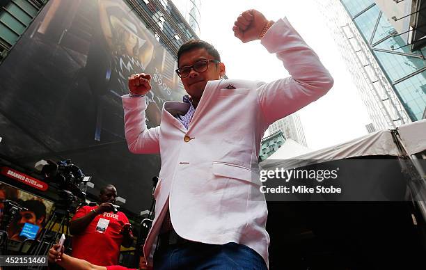 Marcos Maidana is introduced prior to the start of a news conference at the Pedestrian Walk in Times Square on July 14, 2014 in New York City. Floyd...