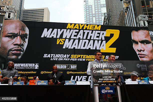 Marcos Maidana speak to the media at a News Conference at the Pedestrian Walk in Times Square on July 14, 2014 in New York City. Floyd Mayweather Jr....