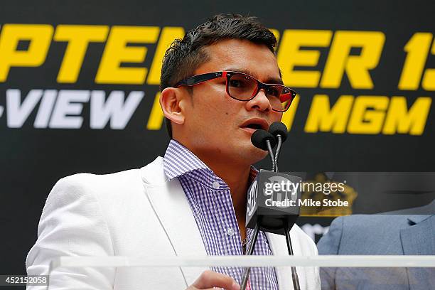 Marcos Maidana speak to the media at a News Conference at the Pedestrian Walk in Times Square on July 14, 2014 in New York City. Floyd Mayweather Jr....