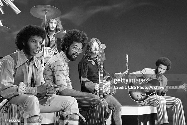 The band, "Sly and the Family Stone" at rehearsal for a television appearance, October 15, 1969. From left: Sly Stone, Gregg Errico, Larry Graham,...