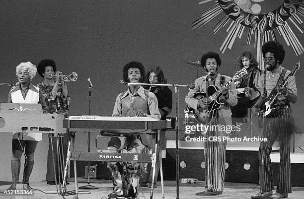 The band, "Sly and the Family Stone" at rehearsal for a television appearance, October 15, 1969. From left: Rose Stone, Cynthia Robinson, Sly Stone,...