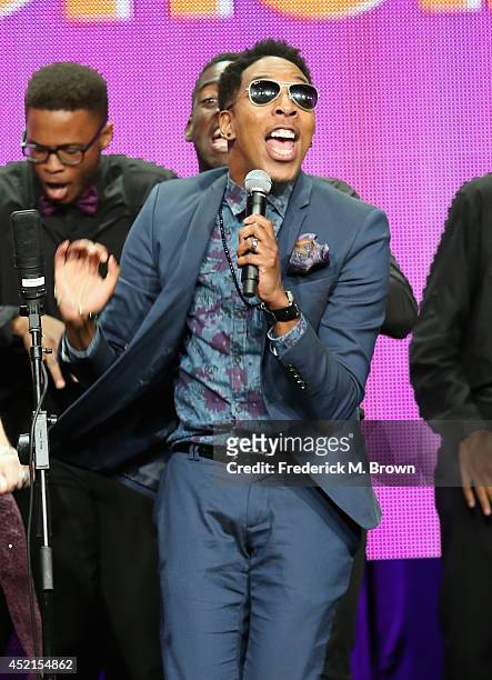 Personality Deitrick Haddon speaks onstage at the 'Fix My Choir' panel during the NBCUniversal Oxygen portion of the 2014 Summer Television Critics...