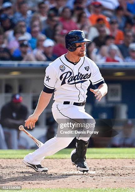Brooks Conrad of the San Diego Padres plays during a baseball game against the San Francisco Giants at Petco Park July 4, 2014 in San Diego,...