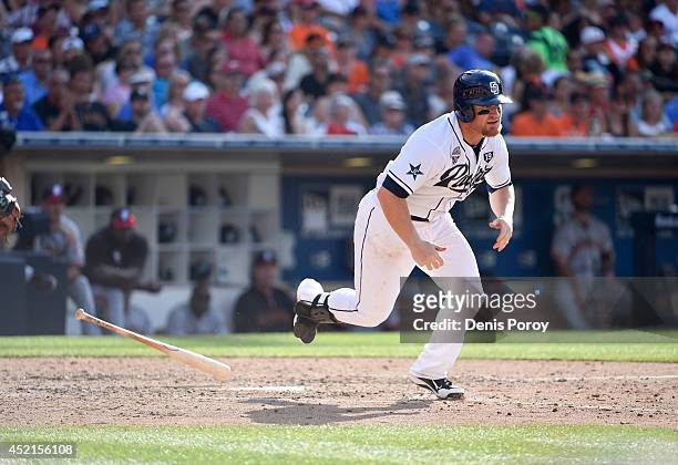 Brooks Conrad of the San Diego Padres plays during a baseball game against the San Francisco Giants at Petco Park July 4, 2014 in San Diego,...