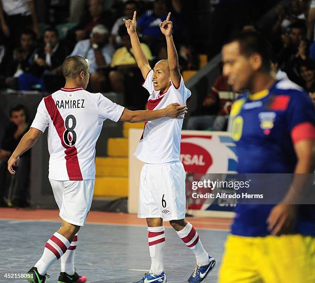 Jorge Aguilar of Peru celebrates his goal during the match between Peru and Ecuador as part of the XVII Bolivarian Games Trujillo 2013 at VIDENA on...