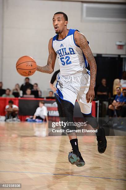 Jordan McRae of the Philadelphia 76ers handles the ball against the Cleveland Cavaliers at the Samsung NBA Summer League 2014 on July 14, 2014 at the...