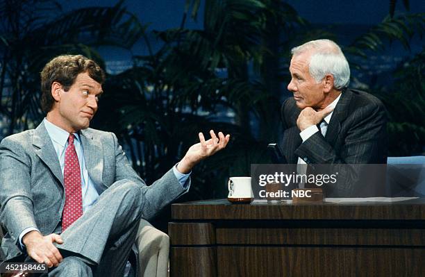 Pictured: Comedian/talk show host David Letterman, host Johnny Carson on October 23, 1987 --