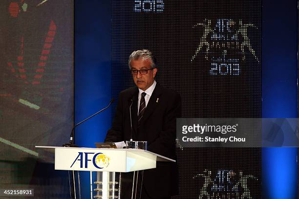 President Shaikh Salman bin Ebrahim Al Khalifa speaks during the 2013 AFC Annual Awards at the Mandarin Oriental on November 26, 2013 in Kuala...