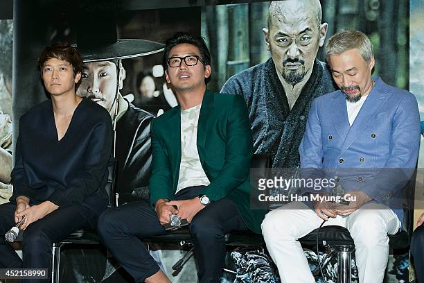 South Korean actors Gang Dong-Won, Ha Jung-Woo and Lee Sung-Min attend the press screening for "Kundo: Age Of The Rampant" at COEX Mega Box on July...