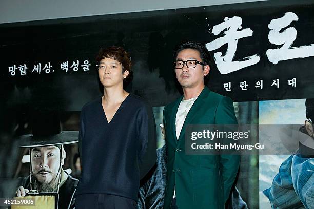 South Korean actors Gang Dong-Won and Ha Jung-Woo attend the press screening for "Kundo: Age Of The Rampant" at COEX Mega Box on July 14, 2014 in...