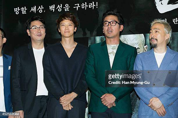 South Korean actors Cho Jin-Woong, Gang Dong-Won, Ha Jung-Woo and Lee Sung-Min attend the press screening for "Kundo: Age Of The Rampant" at COEX...