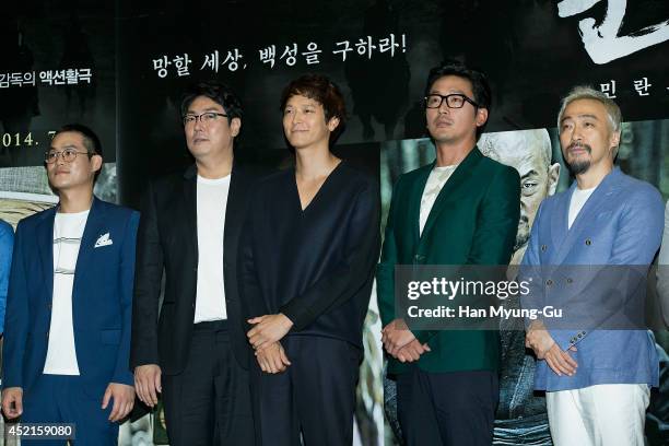 South Korean actors Cho Jin-Woong, Gang Dong-Won and Ha Jung-Woo attend the press screening for "Kundo: Age Of The Rampant" at COEX Mega Box on July...