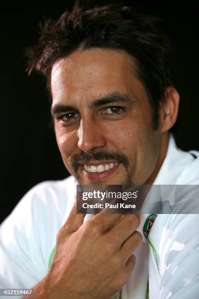 Australian fast bowler Mitchell Johnson poses after a media session at the WACA on November 27, 2013 in Perth, Australia.