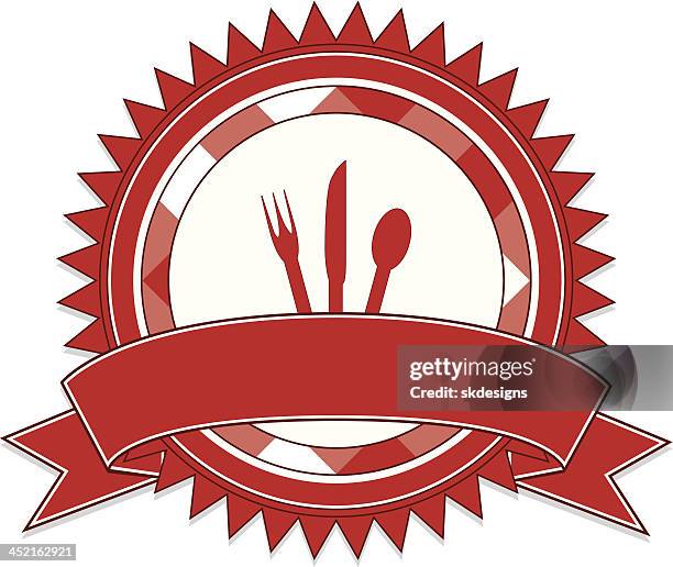 bildbanksillustrationer, clip art samt tecknat material och ikoner med red eatery, food label with gingham check, silverware, ribbon - statyett