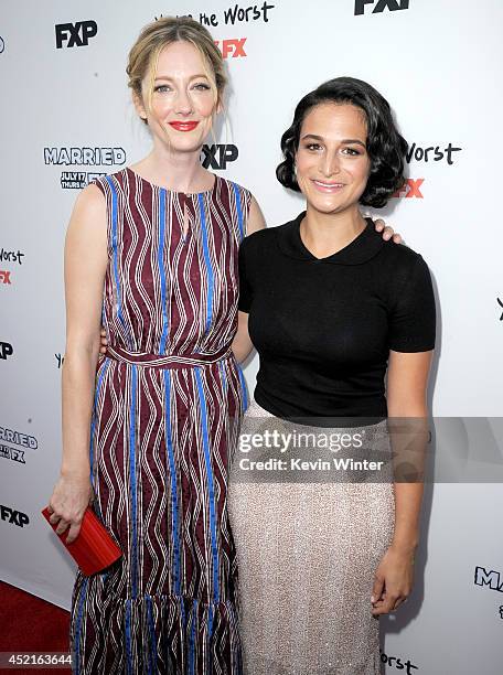 Actresses Judy Greer and Jenny Slate attend the premiere screening's for FX's "You're The Worst" and "Married" at Paramount Pictures Studio on July...