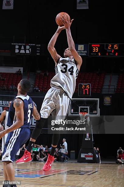 Giannis Antetokounmpo of the Milwaukee Bucks shoots against the Utah Jazz at the Samsung NBA Summer League 2014 on July 14, 2014 at the Thomas & Mack...