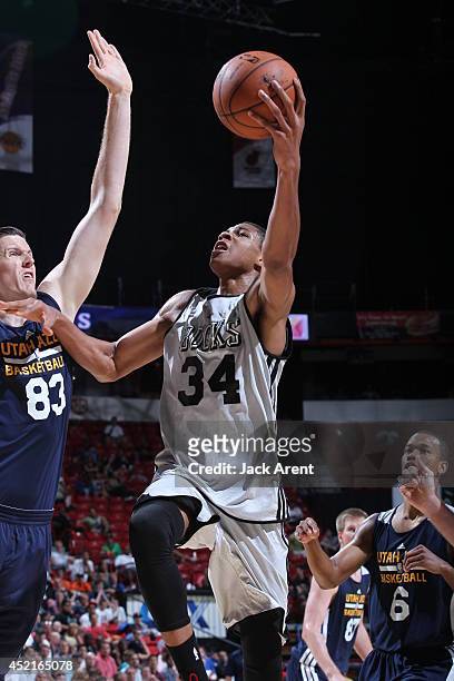 Giannis Antetokounmpo of the Milwaukee Bucks shoots against the Utah Jazz at the Samsung NBA Summer League 2014 on July 14, 2014 at the Thomas & Mack...