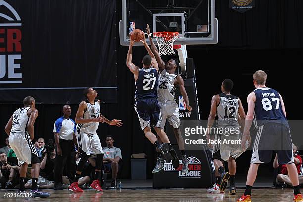 Rudy Gobert of the Utah Jazz shoots against the Milwaukee Bucks at the Samsung NBA Summer League 2014 on July 14, 2014 at the Thomas & Mack Center in...