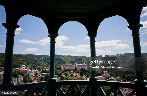 The grand Hotel Imperial looms over the spa town of Karlovy Vary on July 12, 2014 in Karlovy Vary, Czech Republic. Karlovy Vary, known for its...