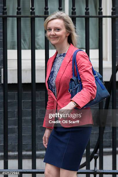 Liz Truss, the new Environment Secretary, arrives in Downing Street on July 15, 2014 in London, England. British Prime Minister David Cameron is...