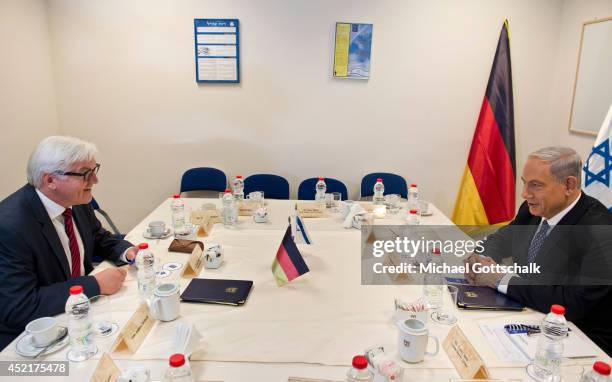 German Foreign Minister Frank-Walter Steinmeier meets Israeli Prime Minister Benjamin Netanyahu at the Israeli Ministry of Defense, on July 15, 2014...