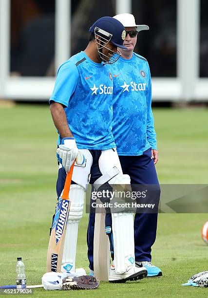 Dhoni with Duncan Fletcher during an India nets session at Lords on July 15, 2014 in London, England.