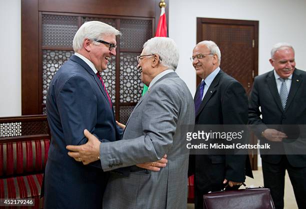 German Foreign Minister Frank-Walter Steinmeier meets the president of the palestinian authorities, Mahmoud Abbas, on July 15, 2014 in Ramallah,...