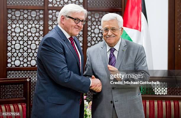 German Foreign Minister Frank-Walter Steinmeier meets the president of the palestinian authorities, Mahmoud Abbas, on July 15, 2014 in Ramallah,...