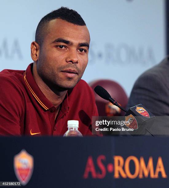 New signing Ashley Cole attends a press conference at the AS Roma Training Centre on July 15, 2014 in Rome, Italy.