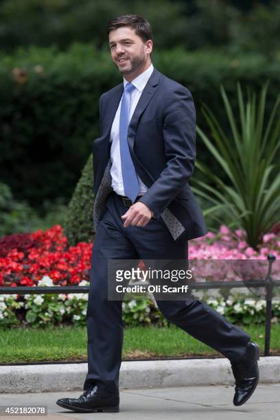 Stephen Crabb, the new Welsh Secretary, arrives in Downing Street on July 15, 2014 in London, England. British Prime Minister David Cameron is...
