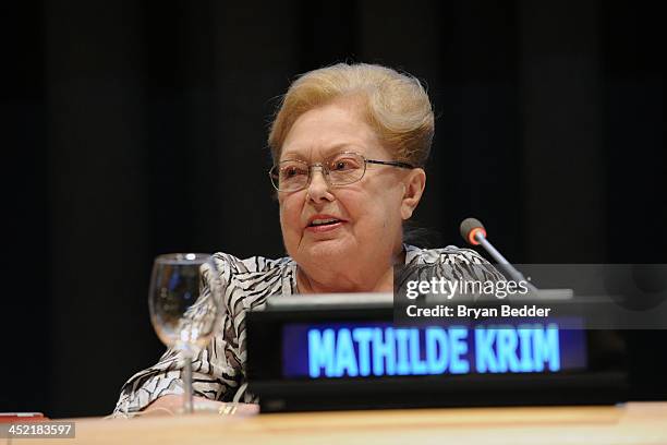 Founding Chairman of amfAR Dr. Mathilde Krim speaks at the special Screening Of HBO's "The Battle Of AmfAR" at United Nations Headquarters on...