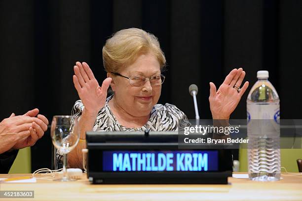 Founding Chairman of amfAR Dr. Mathilde Krim speaks at the special Screening Of HBO's "The Battle Of AmfAR" at United Nations Headquarters on...