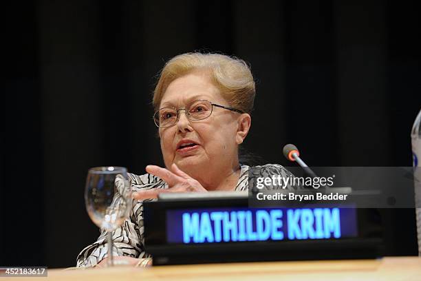 Founding Chairman of amfAR Dr. Mathilde Krim speaks at the special Screening Of HBO's "The Battle Of AmfAR" at United Nations Headquarters on...