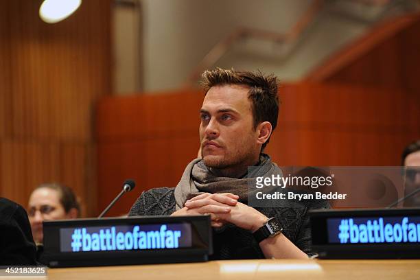 Ambassador for amfAR and actor Cheyenne Jackson attends the special Screening Of HBO's "The Battle Of AmfAR" at United Nations Headquarters on...