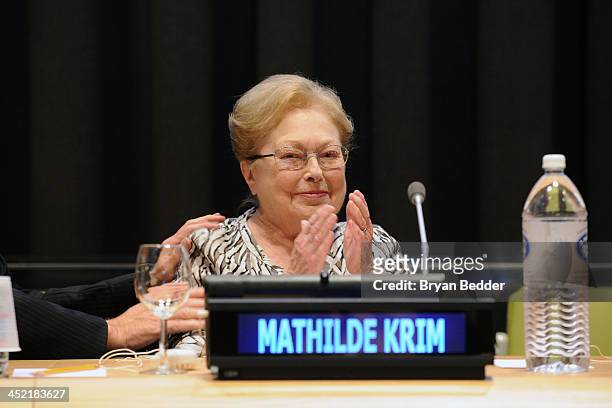 Founding Chairman of amfAR Dr. Mathilde Krim speaks at the special Screening Of HBO's "The Battle Of AmfAR" at United Nations Headquarters on...