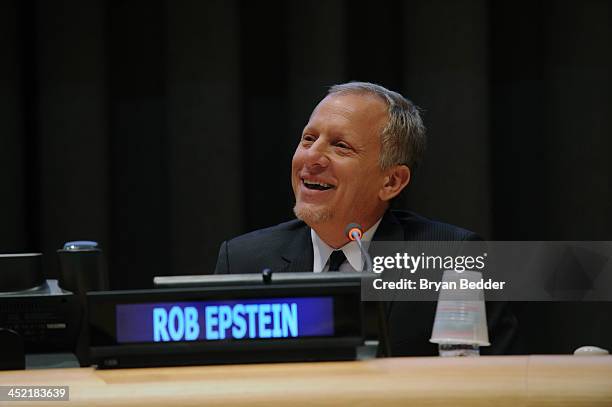 Director Rob Epstein speaks at the special Screening Of HBO's "The Battle Of AmfAR" at United Nations Headquarters on November 26, 2013 in New York...