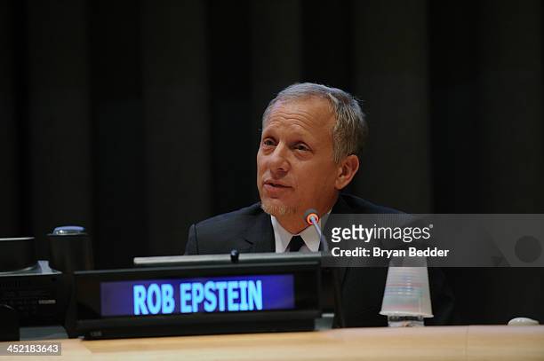 Director Rob Epstein speaks at the special Screening Of HBO's "The Battle Of AmfAR" at United Nations Headquarters on November 26, 2013 in New York...